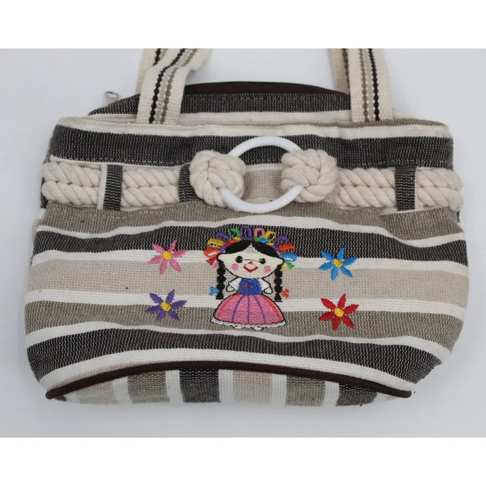 Mexican Artisan Embroidered Lele Doll Striped Tote Bag Kids Brown Cream Woven